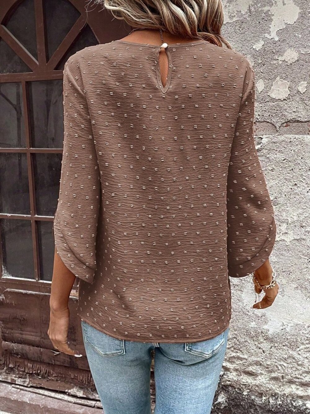 Chocolate Brown Casual Women's Polka Dot Round Neck Loose Fit Regular Length Top - Picture 2 of 7
